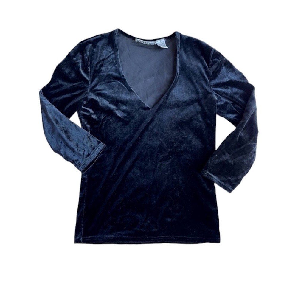 Vintage 90s Whimsigoth Black Velvet V-Neck 3/4-Sleeve Top, Size Medium